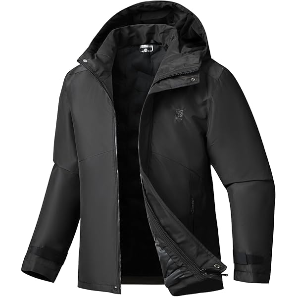 KEFITEVD Winterjas voor heren, ski-jack, waterdicht, warm gevoerd, outdoorjas met afneembare capuchon, softshell winterfleecejack, zwartgrijs, XXL