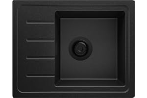 PRIMAGRAN Evier Cuisine en Granit Tout Noir 55x44cm, Lavabo 1 bac + Kit de Vidage, Évier à Encastrer al mueble 45cm - Copenhague Easy