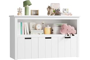 FOREHILL Mueble Almacenaje Juguetes, Mueble Juguetes Organizador, Armario Infantil Ropas, Estantería Infantil Montessori, con 3 Cajones con Ruedas, 1 Estante Abierto, Blanco, 102 x 33 x 61,5cm
