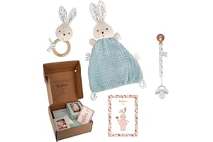 Kaloo - Caja Regalo Bebé - 3 Piezas : Peluche Conejo 22 cm + Sonajero + Pinza Chupete - Bonito Estampado Paloma - Desde el Nacimiento - K390042