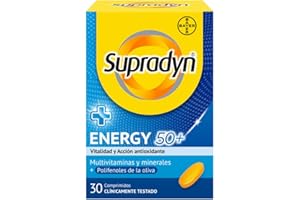 Supradyn Energy 50+ Complejo Vitamínico Con Antioxidantes Para Mayores De 50, 12 Vitaminas, 9 Minerales Y Polifenoles De La Oliva, Energía Con Efecto Antioxidante, Oliva, Amarillo, 1 Unidad (Paquete de 1), 30 Comprimidos