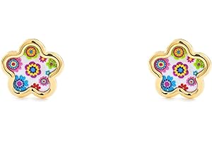 MONDE PETIT Pendientes oro niña Margarita con nacar flores (9 Kilates (9K) ts) - Estuche Regalo - Certificado de Garantía - Mondepetit