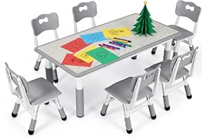 MAMIZO Table pour Enfant avec 6 Chaises, Ensemble de Table pour Enfants réglable en Hauteur, Meubles en Plastique, Table de Peinture pour Garçons et Filles à partir de 2 Ans, Gris