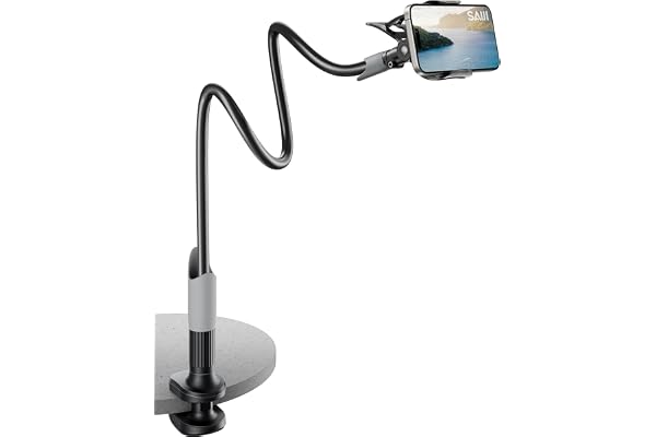 SAIJI Gooseneck Cell Phone Holder, Universal Clamp Lazy Mount Clip Hands Free Flexible Long Arm Bracket Grip for 4.0-6.3 Phones Mobile Tabletop Stand for Desk, Bed, Office, Kitchen(Black)