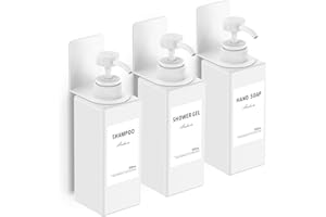 ANHOW 3 Piezas Dispensador Jabon Baño, 500ml Dispensador de Jabón para Pared Sin Necesidad de Taladrar con 3 Soportes y 16 Etiquetas Impermeables para Cocina y Baño, Blanco
