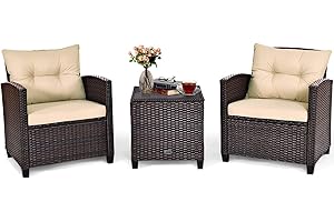 COSTWAY Conjunto Jardin Exterior de Ratán 3 Piezas, 1 Mesa Auxiliar de Vidrio Templado y 2 Sillas con Cojines, Muebles Jardin Terraza Balcon Exterior (Brown)