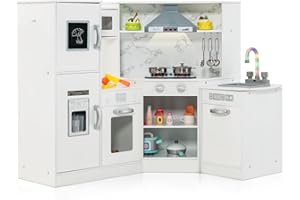 COSTWAY Cocina de Juguete de Madera con Lavabo Separado, Cocinita de Madera Infantil con Sonidos y Luces, Microondas, Máquina de Hielo Simulada y Lavavajillas, Pizarra, para Niños de 3+ Años(Blanco)