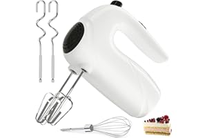 Leaflai Batteur électrique Cuisine, Mixeurs Plongeants Cuisson, 5 Vitesses, 2 fouets, 2 Crochets Pétrisseurs, 1 Manuellement Fouet, Blanc/Acier Inoxydable