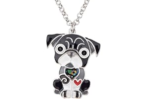 DOWAY Pug Dog Alloy Pendant Necklace Chain Jewelry Gift with Floral Enamel for Women Girls