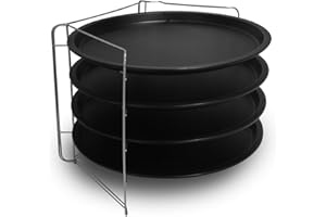 Guardini, Pizza&Manía, Set de 4 Moldes para pizza Ø32cm + Rejilla porta Molde. Material: Acero con Revestimiento Antiadherente, Color Negro.