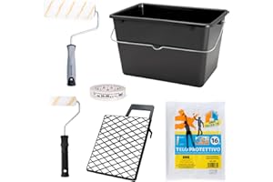 PENNELLIFICIO 2000 | Kit 2 Rulli con Bacinella e Retina per Scolare la Pittura, Nastro per Mascheratura e Telo Protettivo, Set Pittura, Idropittura, Pareti Lisce, Secchio da 14 L - Made in Italy