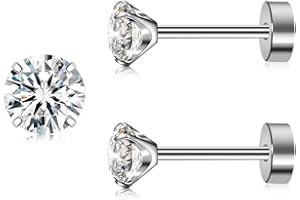 Artskin Titanio Cubuic Zirconia Orecchini a perno per donne e uomini CZ Orecchini ipoallergenici piatti indietro, orecchini in argento da ragazza, set di orecchini per cartilagine da 3 mm a 5 mm