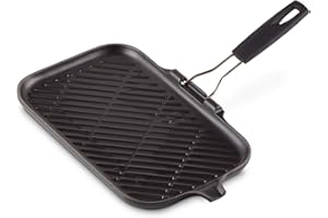 LE CREUSET Gril rectangulaire en fonte émaillée avec poignée en silicone, 36 x 20 cm, Noir Mat, 20049000000400