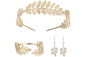 ZKSXOA 3 Pezzi Corona Dea Tiara,Orecchini Foglia Oro Perla,Bracciali Foglia,Boho Corona da Sposa Accessori per Capelli Foglie, Corone Romane Adatto per Fotografia di Viaggio,Feste di Matrimonio