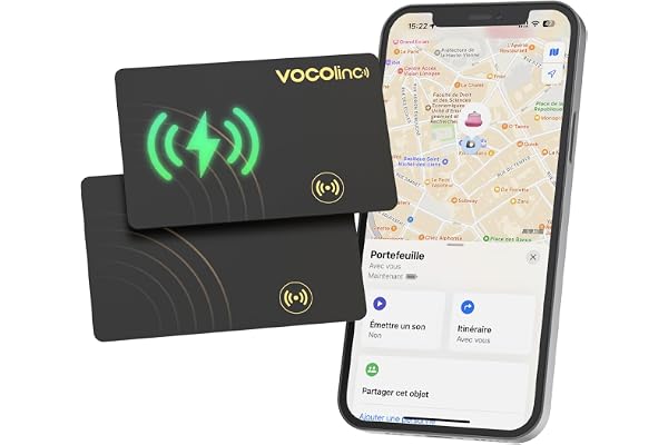VOCOlinc Rechargeable Wallet Tracker Card Ultra Fin, Air Tag Traceur Carte Lot de 2, Bluetooth Localisateurs d’Objets Compatible avec Apple Localiser (iOS Uniquement) pour Portefeuille Bagages Valise
