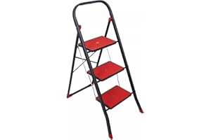 METROX Sgabello pieghevole a 3 gradini – scala domestica stabile fino a 150 kg, pieghevole, superfici di appoggio antiscivolo, salvaspazio e sicura (rosso-nero)