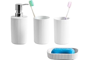 Novel Solutions Premium 4-Piece Bathroom Accessories Set – Matt Grey Rubber-Coated Soap Dispenser, Soap Dish, 2 Tumbler Cups & Toothbrush Holder – Modern Vanity Organiser Kit (White Finish)