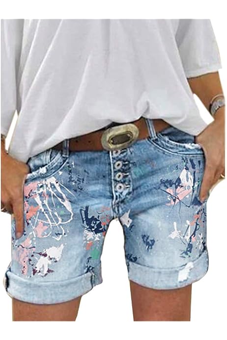 Short Jean Femme Blingko - Taille Mi-Haute Large - Denim Stretch Déchiré - Style Vintage Décontracté - Bermudas Mode