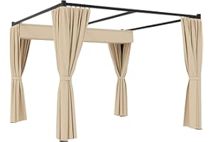 Outsunny 3 x 3(m) Pergola with Retractable Roof Canopy and Curtains, Metal Frame Garden Gazebo Outdoor Sun Shade Shelter for Grill, Patio, Deck, Beige