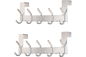 Homephix Heavy Duty Over The Door Hooks for Wall Mounted | Stainless Steel Hanger Rack Holder for Clothes, Hats, Coats, Robes, Towels (Silver - Pack of 2, 5 Hooks)