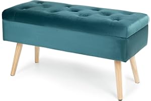 Hawthyhome Storage Ottoman,Storage Bench,with velvet Padded Seat wood Legs Shoe Bench with Cushion for Livingroom Bedroom & Entryway Green 80 × 35 × 43 cm