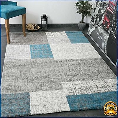 Vimoda Designer Tapis poils courts en turquoise bleu, gris et blanc à carreaux aspect facile d'entretien – VIMODA, dimensions : 120 x 170 cm