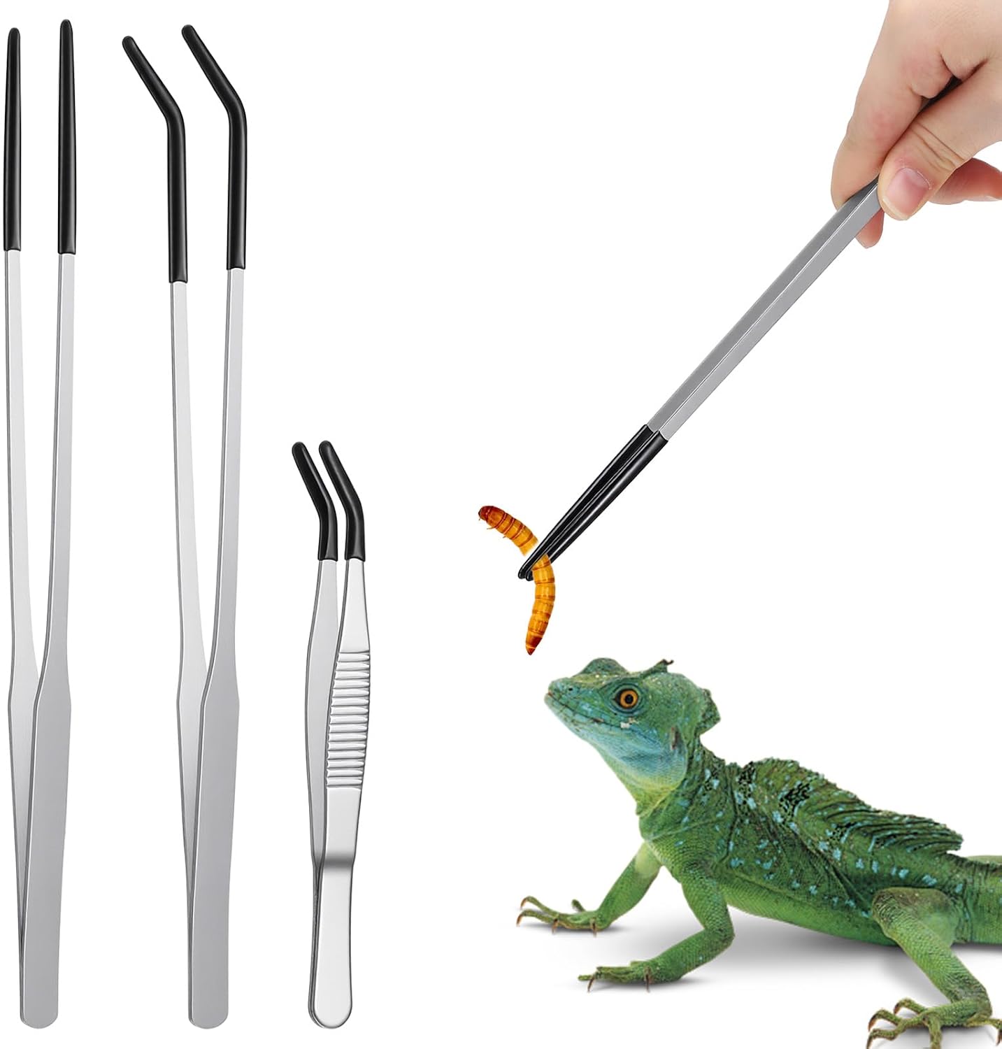 SHENLIU 3 pinzas de alimentación para reptiles, pinzas largas para acuario, pinzas de alimentación extralargas de acero inoxidable de 10.6 pulgadas con punta de goma, pinzas de alimentación curvadas