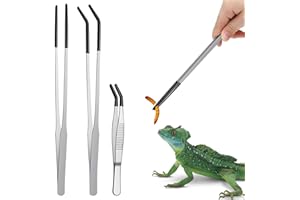 SHENLIU 3 pinzas de alimentación para reptiles, pinzas largas para acuario, pinzas de alimentación extralargas de acero inoxidable de 10.6 pulgadas con punta de goma, pinzas de alimentación curvadas