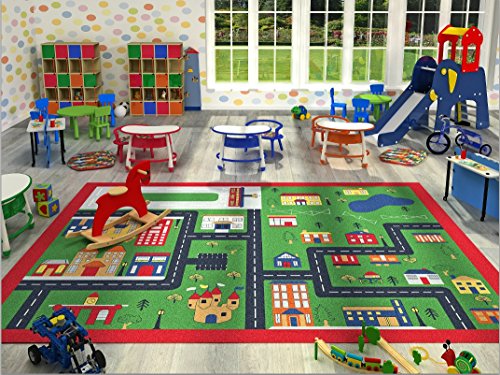 Kids Children Large Girls Boys Fun Rugs Green Town City Playground Bedroom Playroom Floor Mat Non Slip Play Available in 2 Sizes (100 x 150 cm)
