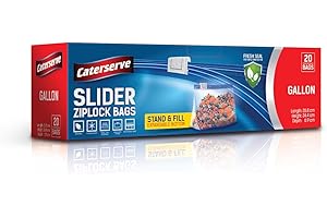 CATERSERVE Slider Ziplock Bags – 1 Gallon Food Storage Bags - 20 Resealable Food Bags – Stand and Fill Expandable Bottom – Freezer and Microwave Safe – Ideal for Leftovers, Fruit, Veggies