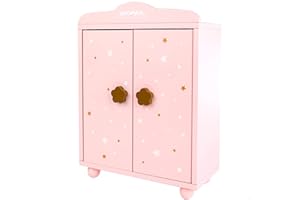 WOOMAX Armario de muñecas de Madera, Armario para Ropa de muñecas, Mide 24x11x32,5 cm, Color Rosa con Estrellas, con 3 Perchas (49362)