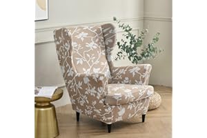 Highdi Funda de Sillón Orejero Elástica 2-Piezas, Moderno Estampado Funda de Sofá Relax con Funda de Cojín, Fundas Protector de Butaca para Dormitorio, Recepción, Club (Floral Beige)