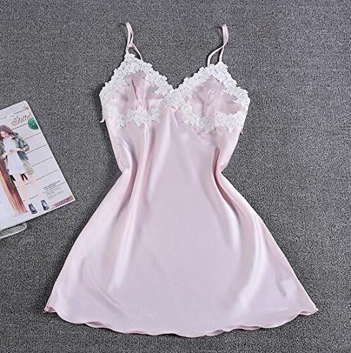 PPOJAS Female Women'S Flower Sleepwear Young Girls Lace Satin Nightgowns Mini Lingerie Nightdress Pijamas Home Wear,Pink,L