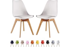 LIFE INTERIORS Single Set of 2/4/6 Retro Modern Dining Chairs – Lorenzo Plastic Chairs with Cushioned Pad Seat & Solid Beech Wooden Legs - Side Chair for Living Room Kitchen Office Lounge (White, Pack of 2)