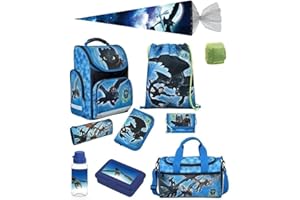 Familando Schulranzen 1. Klasse · ergonomischer Tornister · Schultasche für Jungen und Mädchen (Komplett Set mit Schultüte, Dragons - Drachenzähmen Drache)