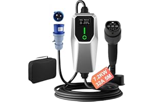 Hexinex Cargador EV Tipo 2 Portátil de 7.2KW con Corriente Ajustable de 8A-32A, Estación de Carga para Vehículos Eléctricos, Compatible con Voltaje Doméstico de 250V, con Pantalla LED Digital y Bolsa