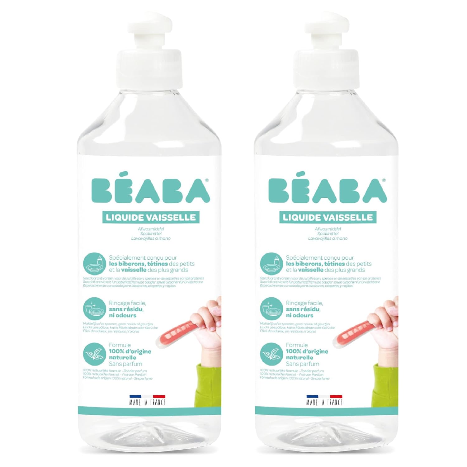 BEABA, afwasmiddel voor flessen en maaltijdaccessoires, 100% natuurlijke oorsprong, gemaakt in Frankrijk, zonder geur, 100% biologisch afbreekbaar, 2 x 500 ml