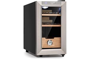 Klarstein El Presidente Zigarren Humidor - thermoelektrischer Humidor Schrank mit Glastür, Humidor Befeuchter mit Einschüben aus Zedernholz, Hygrometer, LED-Innenbeleuchtung, 23 Liter, silber