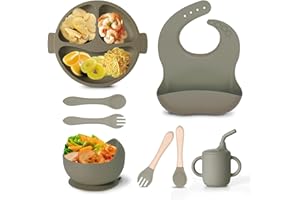 EULUOZIQING 8 Stück Silikon Baby Geschirrset, BPA Frei Baby Teller mit Saugnapf, Rutschfest Kindergeschirr Set mit Lätzchen Trinklernbecher Löffel Gabel Schüssel für Kleinkinder (Grün)
