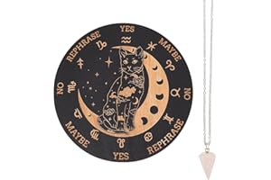 ‎INFUNLY INFUNLY Holz-Pendelbrett, 7.9" Katze, Mond, Hexe, Wünschelrutengehen, Wahrsagen, Planchette-Brett, Metaphysisches Nachrichtenbrett Mit Heilkristall-Halskette, Hexerei, Wicca-Altar-Zubehör-Set