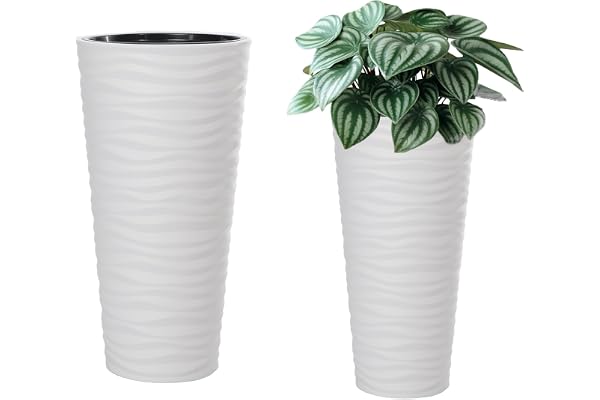 MELTOM Pot de Fleurs étroit et Rond avec Effet 3D ondulé, Insert Amovible Haut (Weiß, XL - 57 cm)