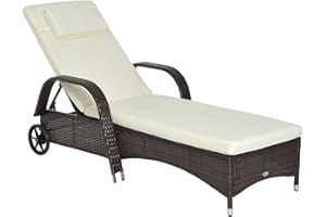 ‎OUTSUNNY Outsunny Gartenliege Sonnenliege Rattanliege Gartenmöbel Liege mobil mit Kissen und Rollen, Polyrattan+Metall, Kaffeebraun, 200 x 73 x 30-103cm