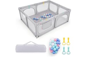 DREAMADE Parc Bébés 189x158CM en Tissu Oxford avec Poche,Centre d'Activités Enfants avec 4 Anneaux de Traction&50 Balles&Porte Zippée,Clôture Tout-Petits 0-36Mois avec Sac de Transport (Gris Clair)
