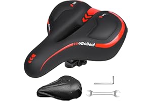 oGoDeal Selle de vélo ergonomique large avec coussinet en gel 2.0, couche de silicone absorbant les chocs, pour homme et femme, ville, montagne, vélos de route, vélos électriques (rouge/noir)