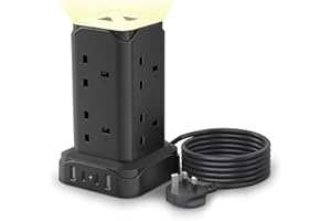 STGAROT Tower Extension Lead with USB C Solts and LED Night Light, 13A 3250W 4 USB Ports, 8-Way Standing Up Power Tower, 1800J Surge Protection, 2 Metres Extension Cord, Fire Resistant and Sturdy