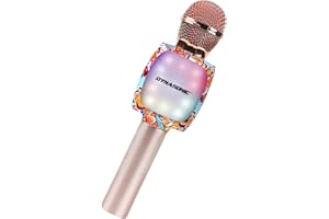 DYNASONIC Microphone karaoké Bluetooth Jouets pour garçons et filles Microphone sans fil karaoké portable avec lumières LED pour enfants, cadeaux originaux enfants (DM-05 Doré)