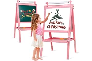 EALINGMOON Kinder Staffelei aus Holz mit Papierrolle Kleinkinder, verstellbar, doppelseitig, Zeichenbrett, Whiteboard und Kreidetafel, trockene Staffelei Geschenk für Jungen und Mädchen