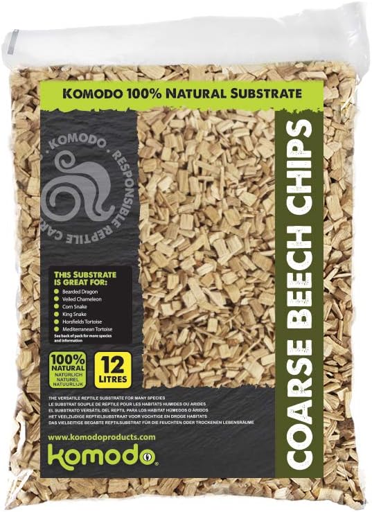 Komodo Coarse Beech Chips Substrate for Reptile Cage Vivarium Habitat Premium Natural Non Toxic Durable Long Lasting Moisture Control Bedding - 12L