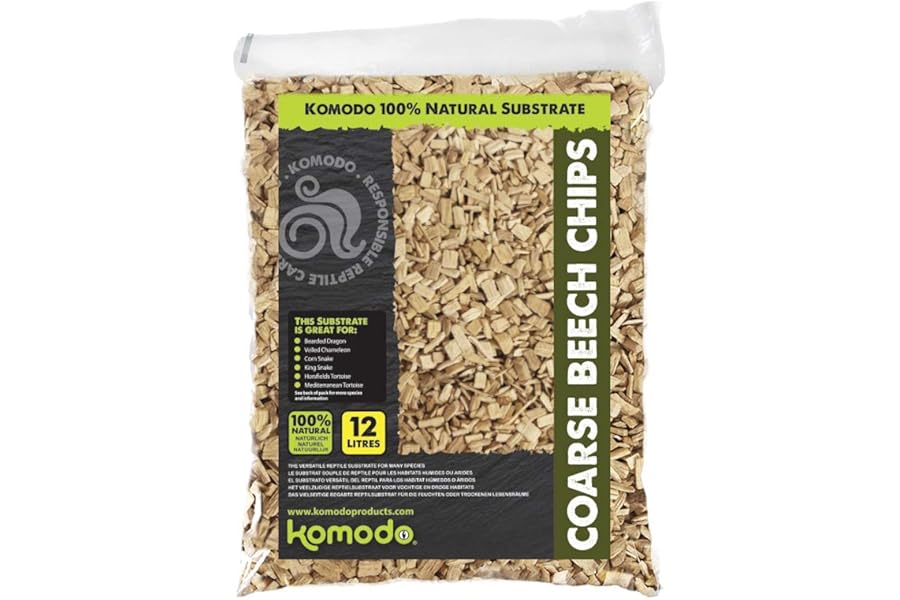 Komodo Coarse Beech Chips Substrate for Reptile Cage Vivarium Habitat Premium Natural Non Toxic Durable Long Lasting Moisture Control Bedding - 12L