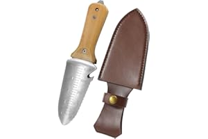 Minamino 12,7 cm Feste Klinge Mehrzweck-Hori Hori Gartenmesser mit Lederscheide und Schleifstein, bequemere Holzhand